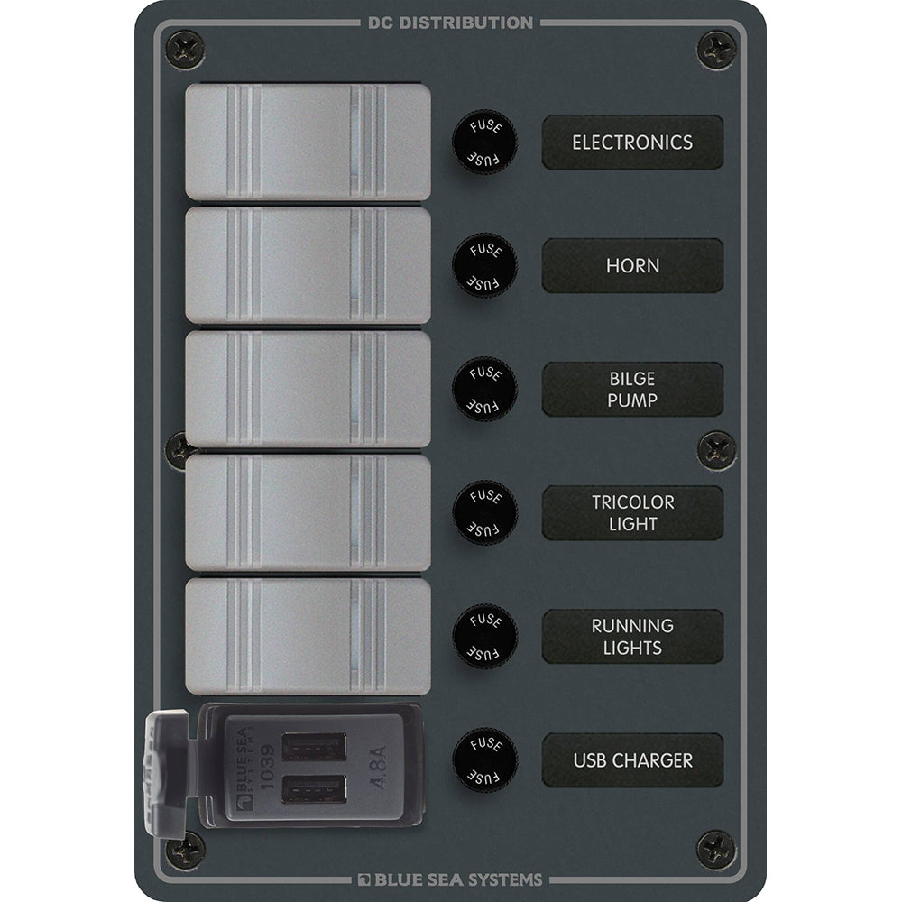 Blue Sea 8121 5 Position Contura Switch Panel wDual USB Chargers 1224V DC Black 8121