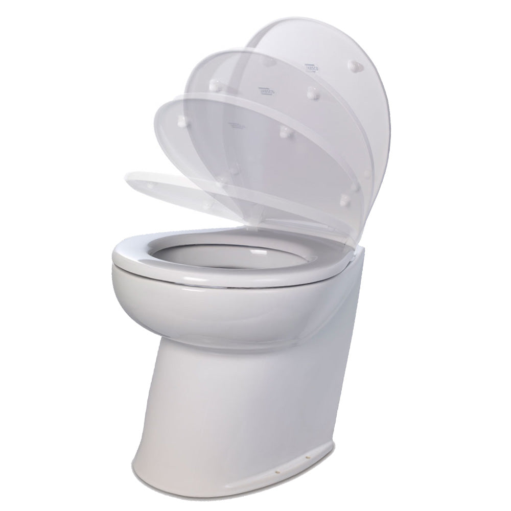 Jabsco Deluxe Flush 17 Angled Back 24V Raw Water Electric Marine Toilet wRemote Rinse Pump Soft Close Lid 582203024