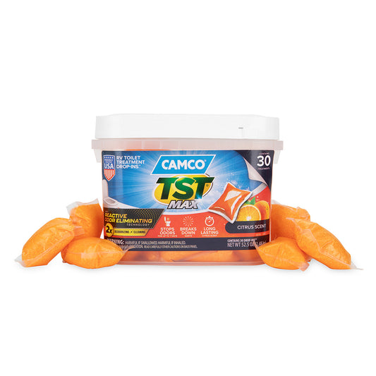 Camco TST MAX MarineRV Toilet Treatment DropINs 30 Per Bucket 41183