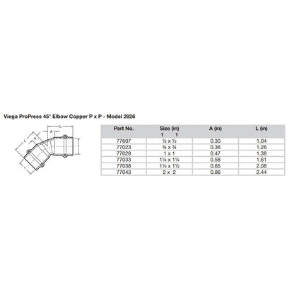Viega ProPress 1  45 Copper Elbow  Double Press Connection  Smart Connect Technology 77028