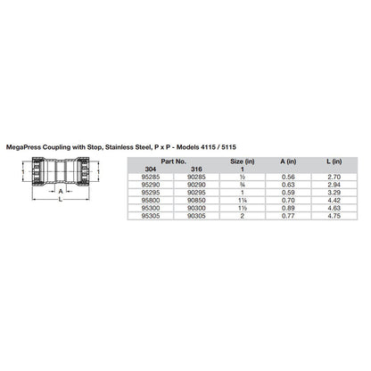 Viega MegaPress 112 Stainless Steel 304 Coupling wStop  Double Press Connection  Smart Connect Technology 95300